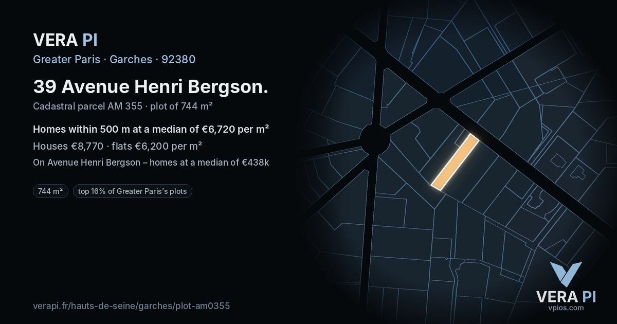 39 Avenue Henri Bergson, Garches at night – the plot lit, the parcels around coloured by the prices near them