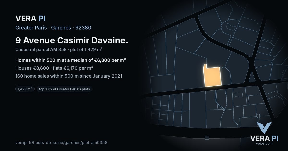 9 Avenue Casimir Davaine, Garches at night – the plot lit, the parcels around coloured by the prices near them