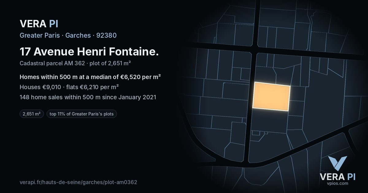 17 Avenue Henri Fontaine, Garches at night – the plot lit, the parcels around coloured by the prices near them