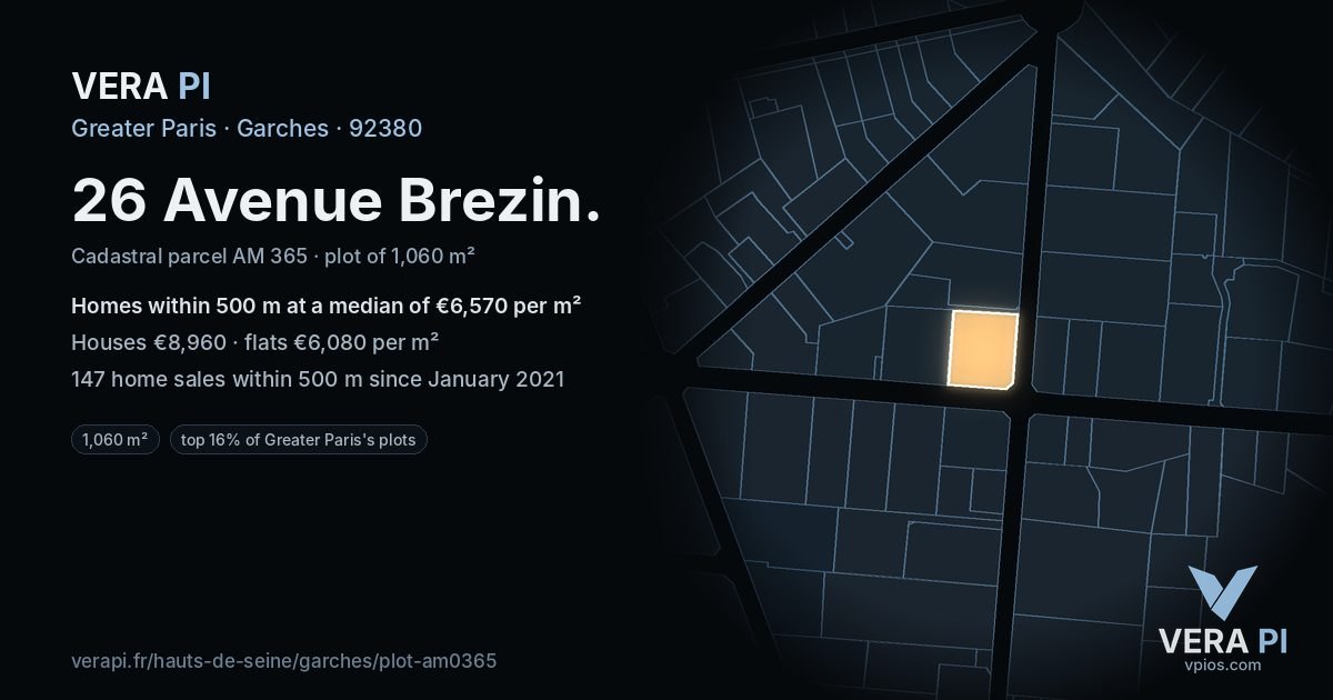 26 Avenue Brezin, Garches at night – the plot lit, the parcels around coloured by the prices near them