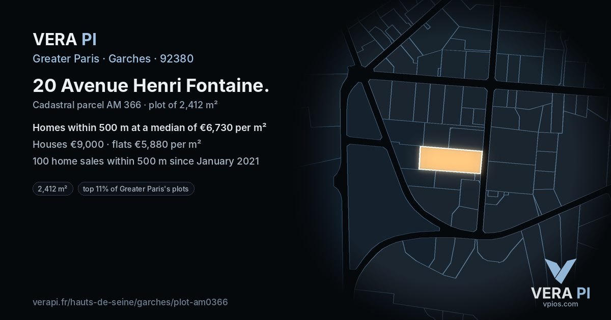 20 Avenue Henri Fontaine, Garches at night – the plot lit, the parcels around coloured by the prices near them