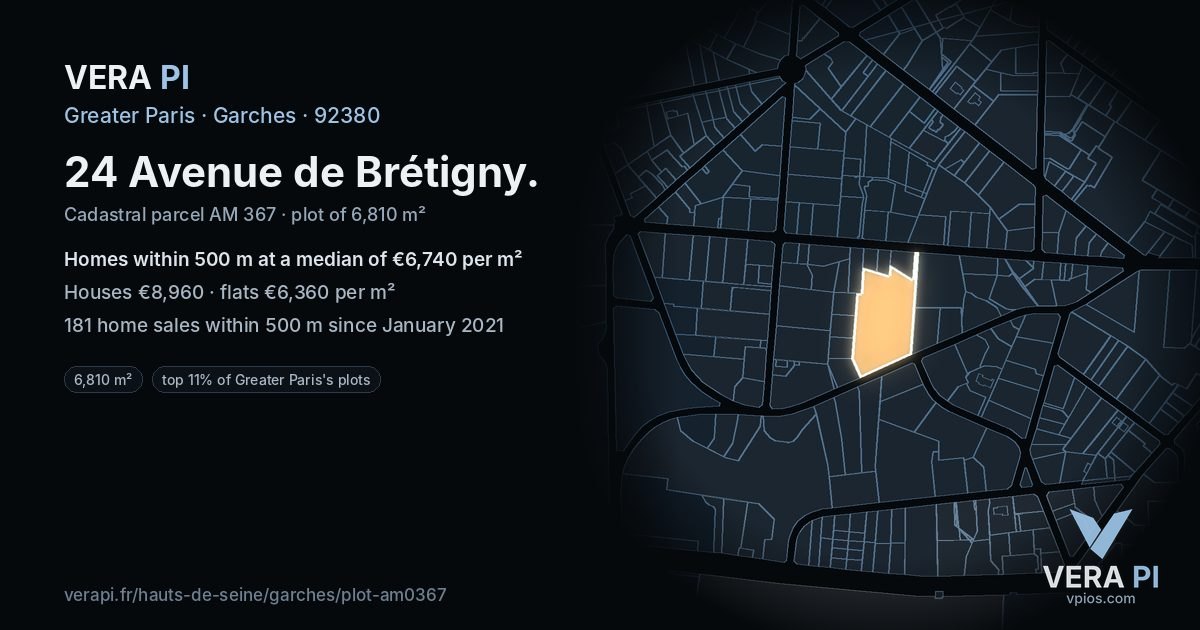 24 Avenue de Brétigny, Garches at night – the plot lit, the parcels around coloured by the prices near them