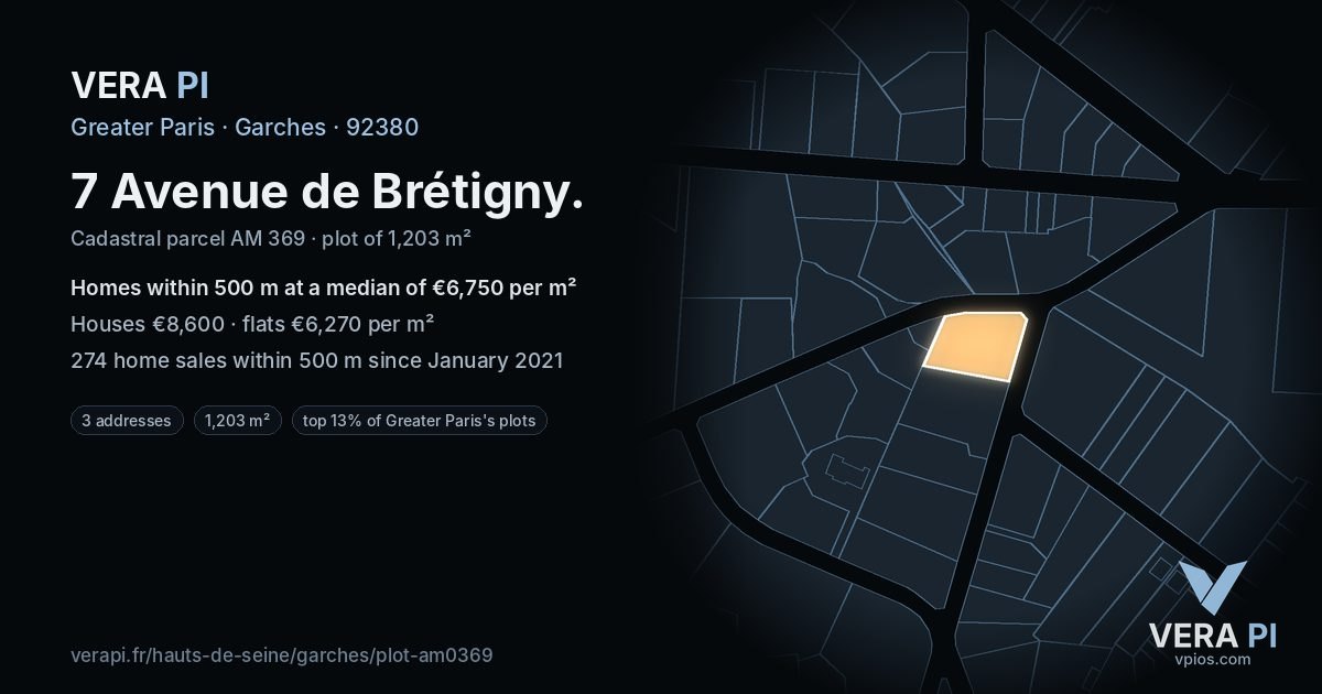 7 Avenue de Brétigny, Garches at night – the plot lit, the parcels around coloured by the prices near them