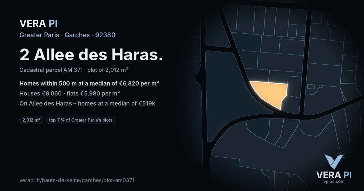 2 Allee des Haras, Garches at night – the plot lit, the parcels around coloured by the prices near them
