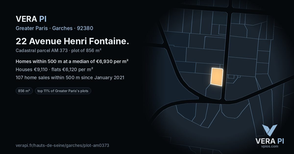 22 Avenue Henri Fontaine, Garches at night – the plot lit, the parcels around coloured by the prices near them