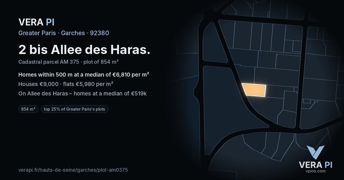 2 bis Allee des Haras, Garches at night – the plot lit, the parcels around coloured by the prices near them