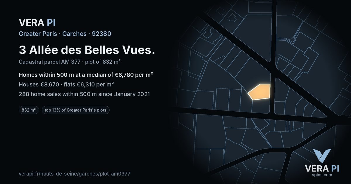3 Allée des Belles Vues, Garches at night – the plot lit, the parcels around coloured by the prices near them