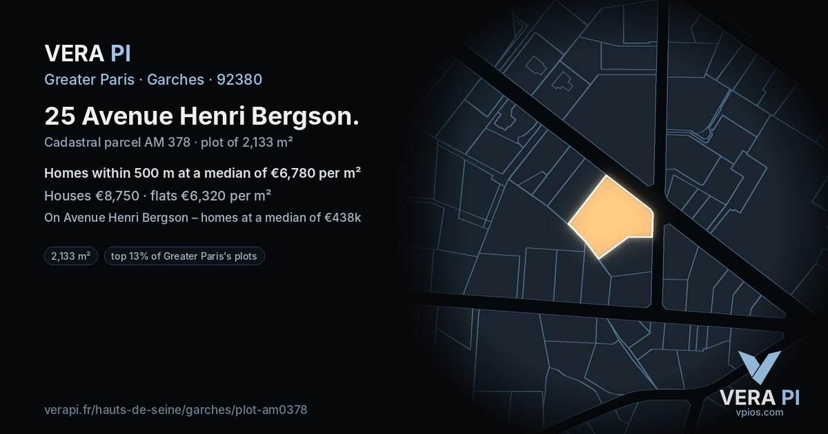 25 Avenue Henri Bergson, Garches at night – the plot lit, the parcels around coloured by the prices near them