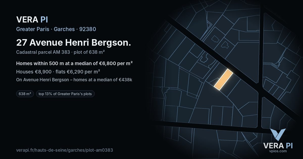 27 Avenue Henri Bergson, Garches at night – the plot lit, the parcels around coloured by the prices near them