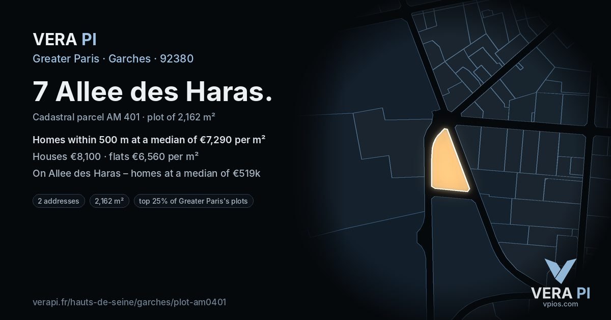 7 Allee des Haras, Garches at night – the plot lit, the parcels around coloured by the prices near them