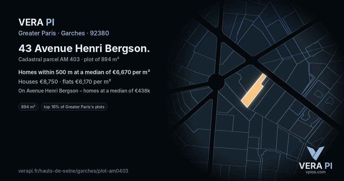 43 Avenue Henri Bergson, Garches at night – the plot lit, the parcels around coloured by the prices near them