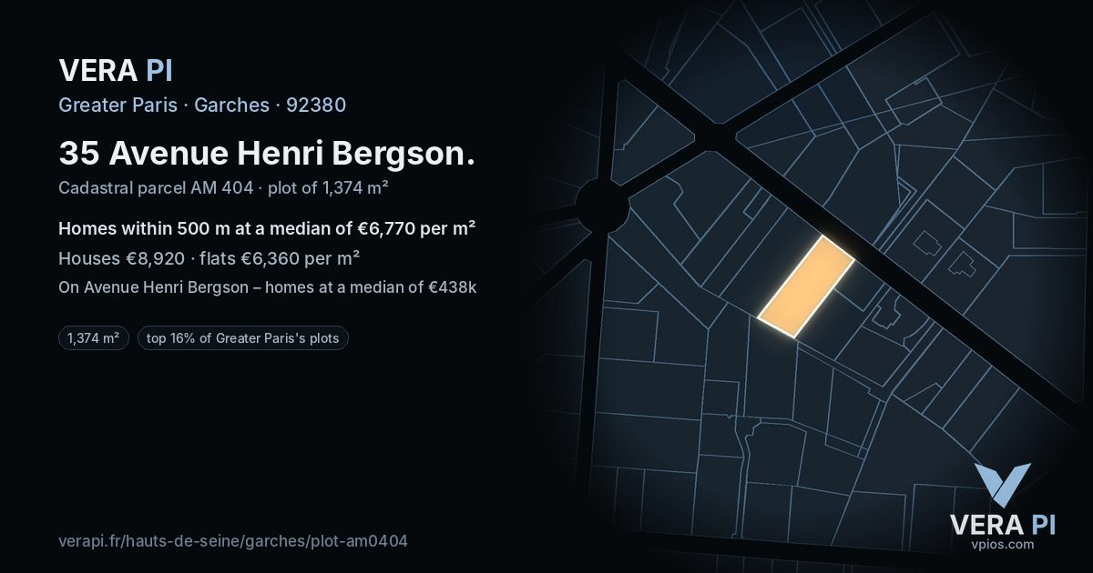 35 Avenue Henri Bergson, Garches at night – the plot lit, the parcels around coloured by the prices near them