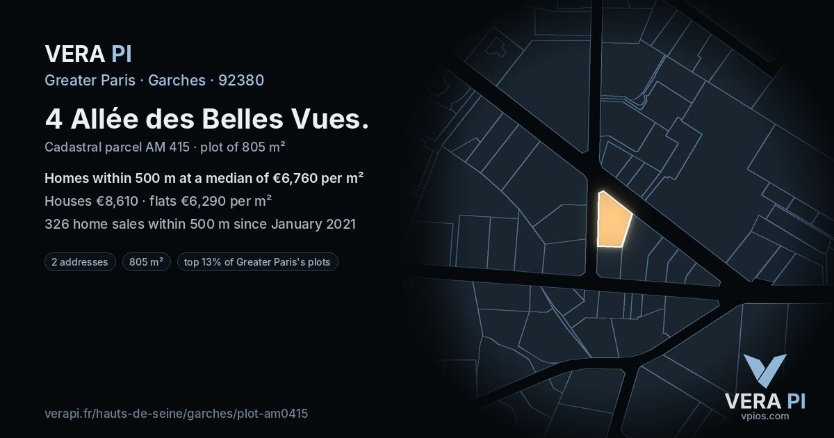 4 Allée des Belles Vues, Garches at night – the plot lit, the parcels around coloured by the prices near them