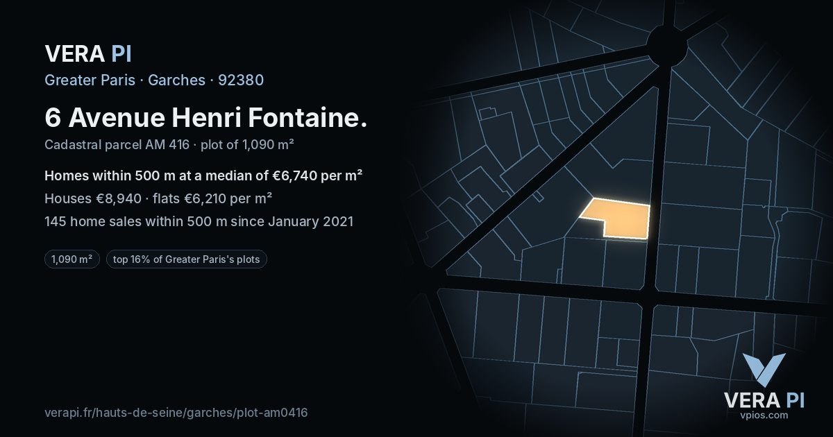 6 Avenue Henri Fontaine, Garches at night – the plot lit, the parcels around coloured by the prices near them