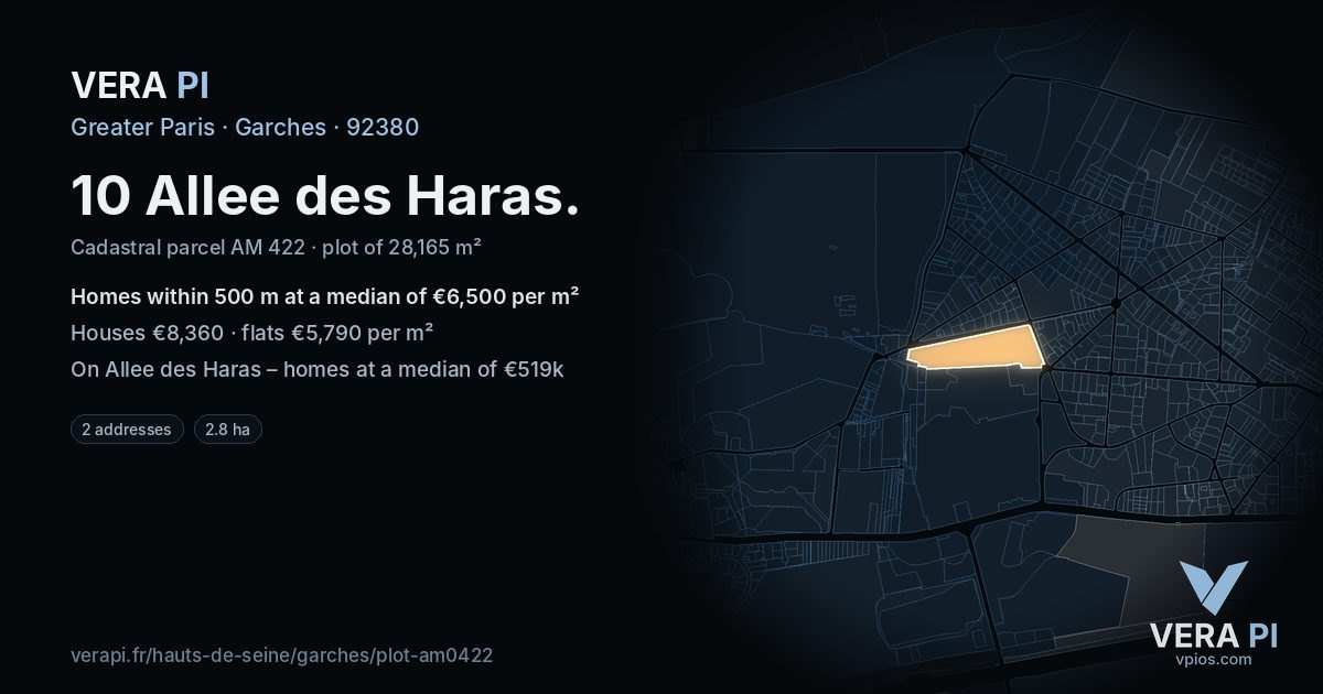 10 Allee des Haras, Garches at night – the plot lit, the parcels around coloured by the prices near them