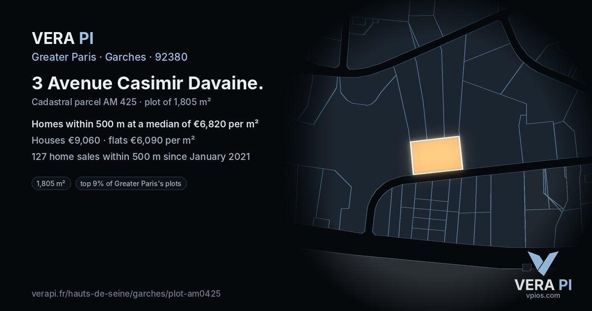 3 Avenue Casimir Davaine, Garches at night – the plot lit, the parcels around coloured by the prices near them
