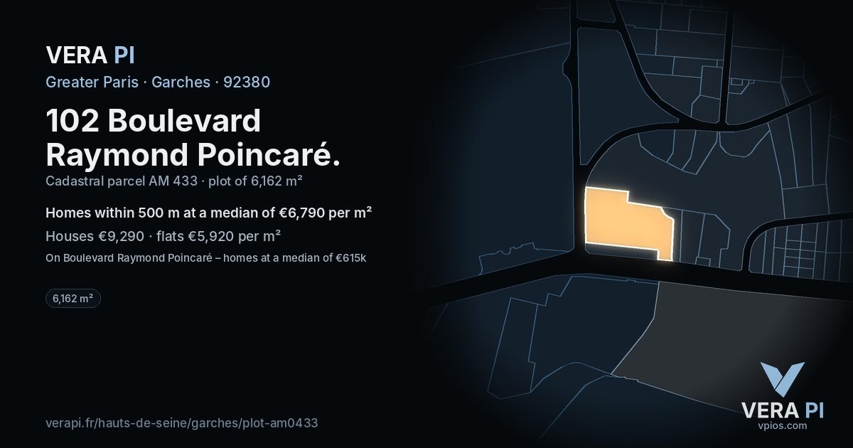 102 Boulevard Raymond Poincaré, Garches at night – the plot lit, the parcels around coloured by the prices near them