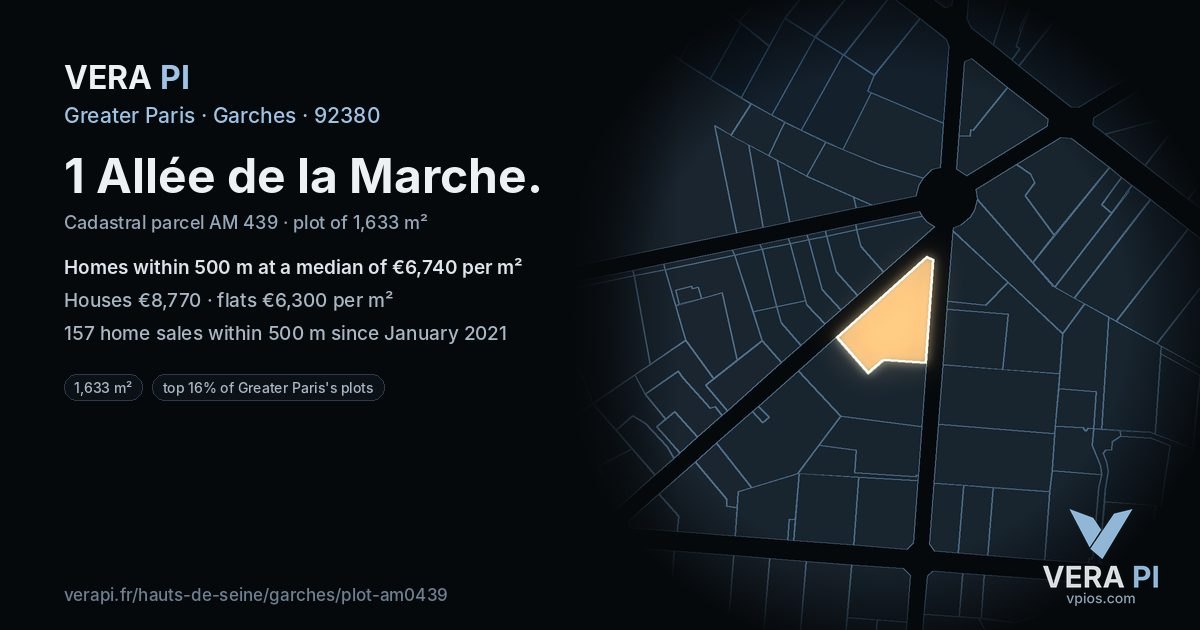 1 Allée de la Marche, Garches at night – the plot lit, the parcels around coloured by the prices near them