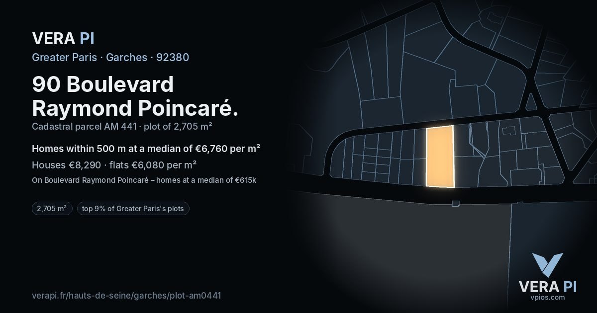 90 Boulevard Raymond Poincaré, Garches at night – the plot lit, the parcels around coloured by the prices near them