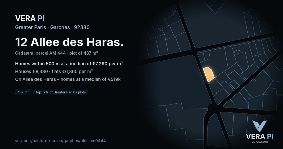 12 Allee des Haras, Garches at night – the plot lit, the parcels around coloured by the prices near them