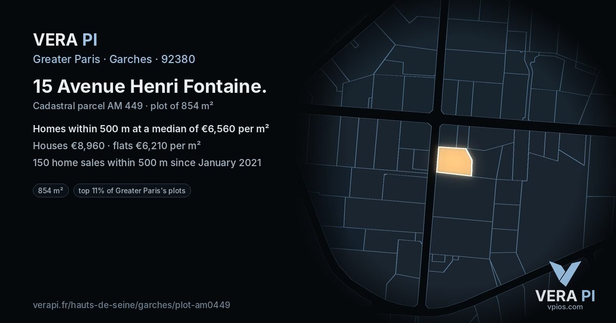 15 Avenue Henri Fontaine, Garches at night – the plot lit, the parcels around coloured by the prices near them