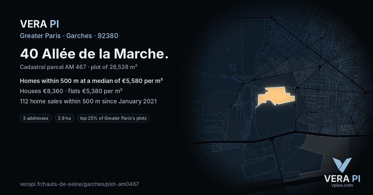 40 Allée de la Marche, Garches at night – the plot lit, the parcels around coloured by the prices near them