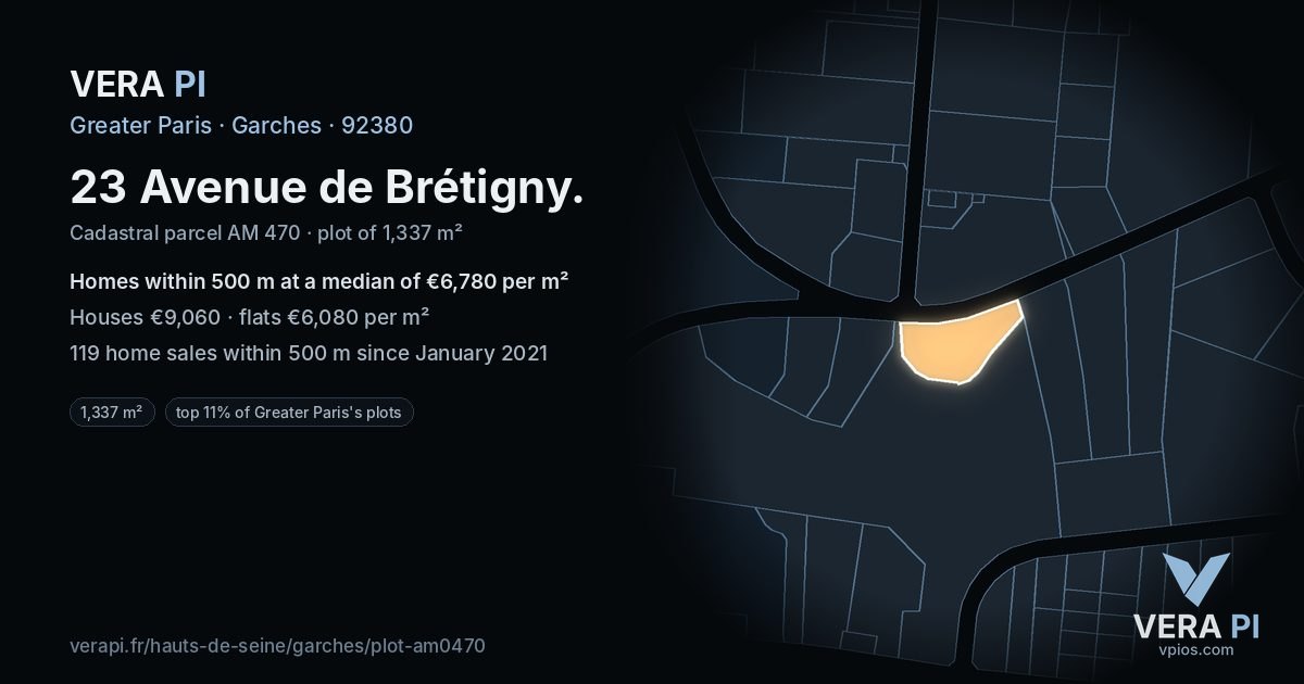 23 Avenue de Brétigny, Garches at night – the plot lit, the parcels around coloured by the prices near them
