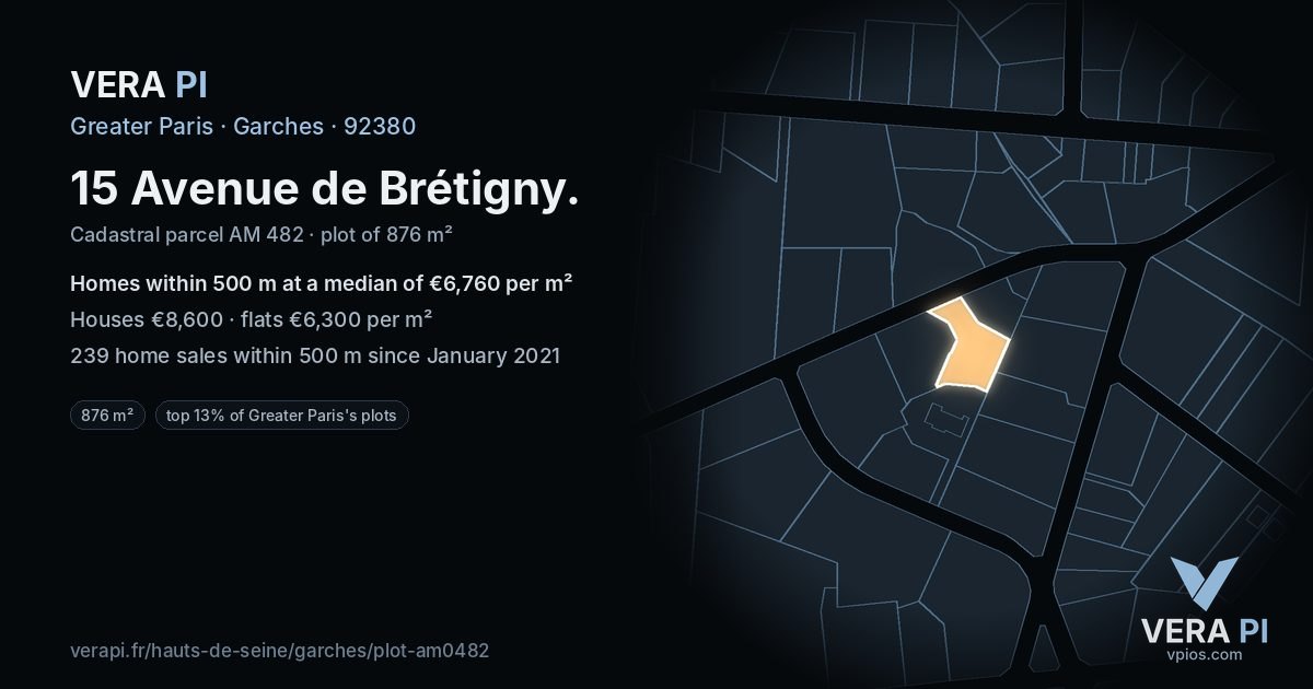 15 Avenue de Brétigny, Garches at night – the plot lit, the parcels around coloured by the prices near them
