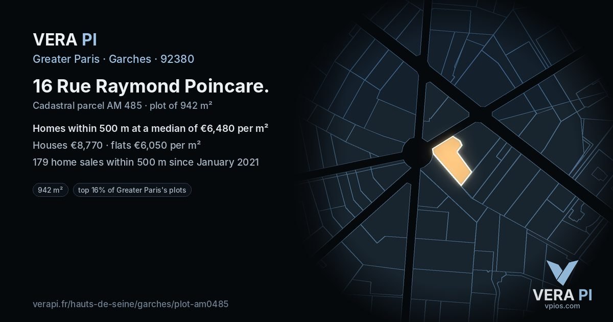 16 Rue Raymond Poincare, Garches at night – the plot lit, the parcels around coloured by the prices near them