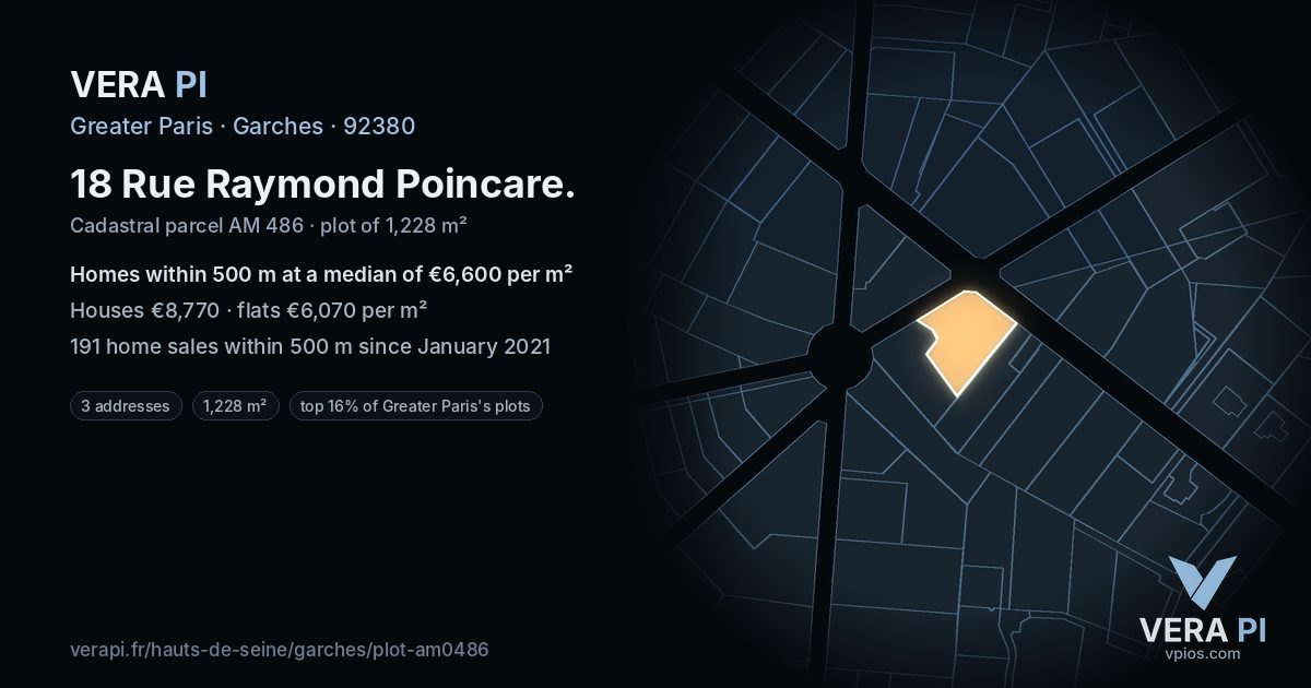 18 Rue Raymond Poincare, Garches at night – the plot lit, the parcels around coloured by the prices near them