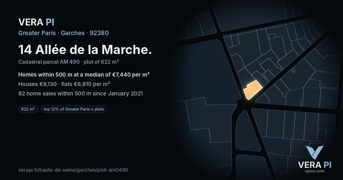 14 Allée de la Marche, Garches at night – the plot lit, the parcels around coloured by the prices near them