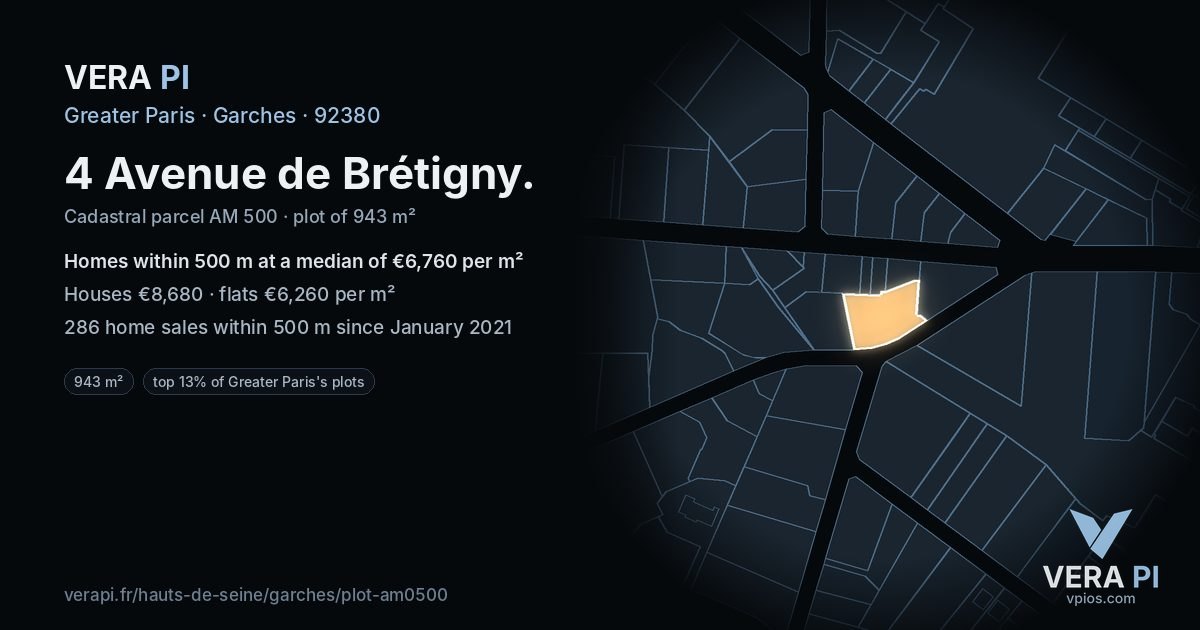 4 Avenue de Brétigny, Garches at night – the plot lit, the parcels around coloured by the prices near them