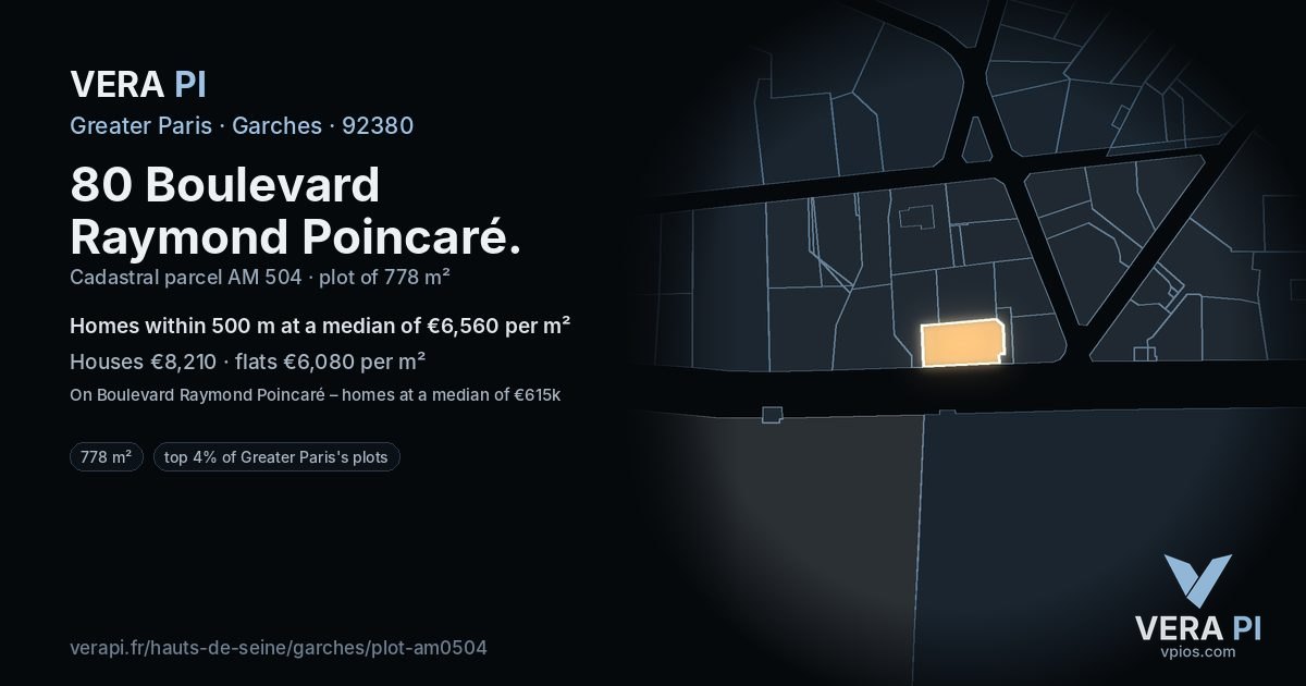 80 Boulevard Raymond Poincaré, Garches at night – the plot lit, the parcels around coloured by the prices near them