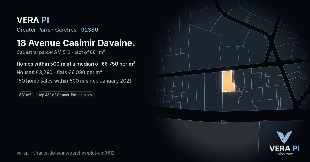 18 Avenue Casimir Davaine, Garches at night – the plot lit, the parcels around coloured by the prices near them