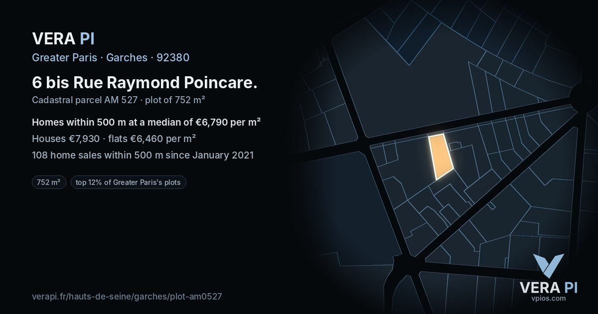 6 bis Rue Raymond Poincare, Garches at night – the plot lit, the parcels around coloured by the prices near them