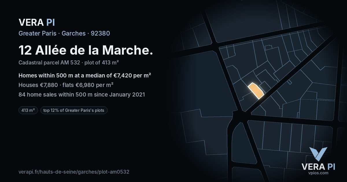 12 Allée de la Marche, Garches at night – the plot lit, the parcels around coloured by the prices near them
