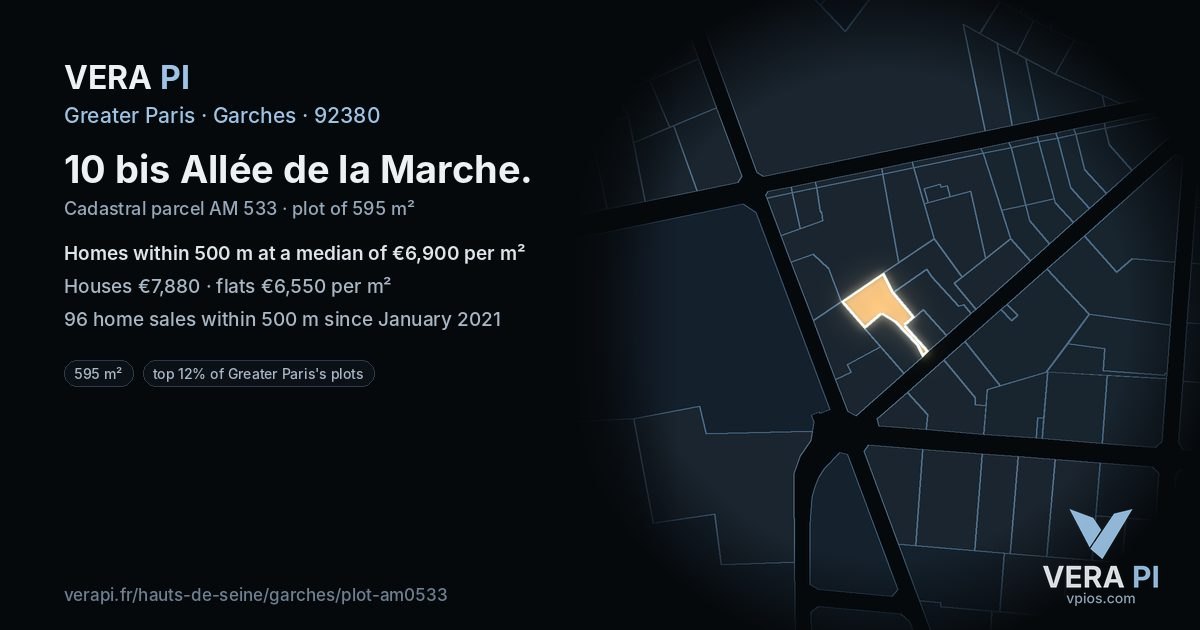 10 bis Allée de la Marche, Garches at night – the plot lit, the parcels around coloured by the prices near them
