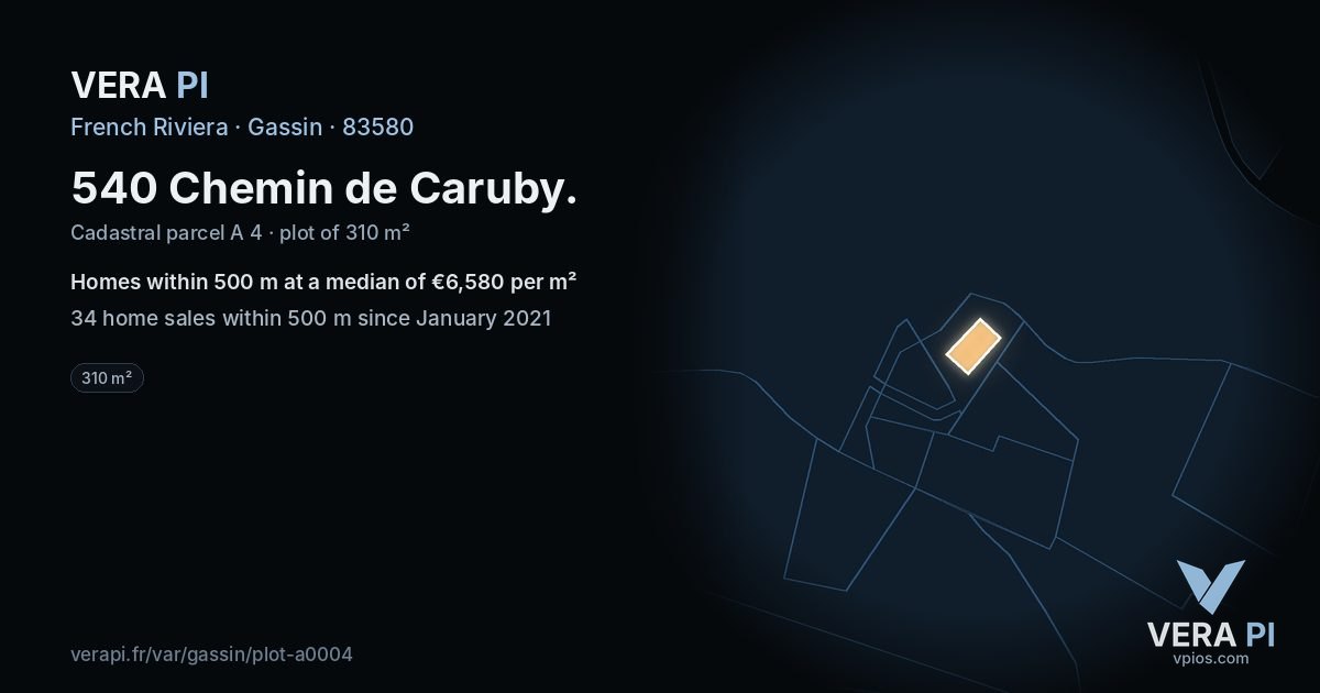 540 Chemin de Caruby, Gassin at night – the plot lit, the parcels around coloured by the prices near them