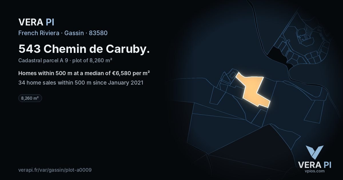 543 Chemin de Caruby, Gassin at night – the plot lit, the parcels around coloured by the prices near them