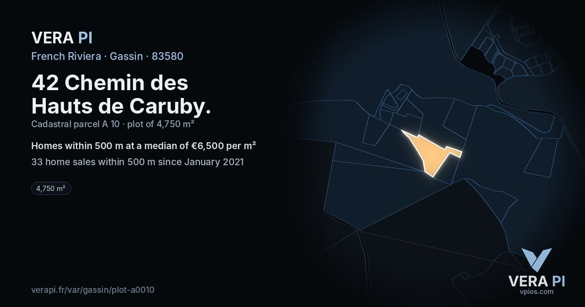 42 Chemin des Hauts de Caruby, Gassin at night – the plot lit, the parcels around coloured by the prices near them