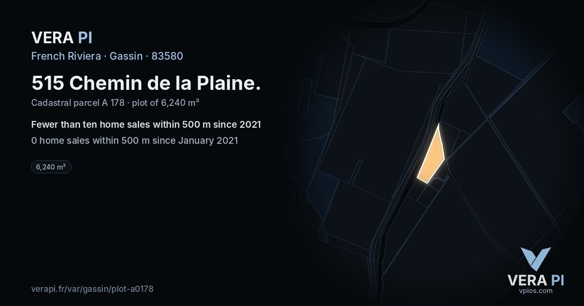 515 Chemin de la Plaine, Gassin at night – the plot lit, the parcels around coloured by the prices near them