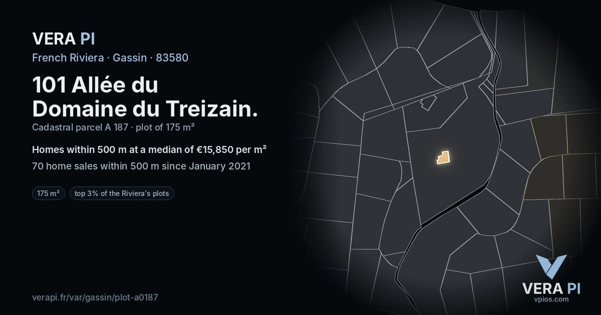 101 Allée du Domaine du Treizain, Gassin at night – the plot lit, the parcels around coloured by the prices near them