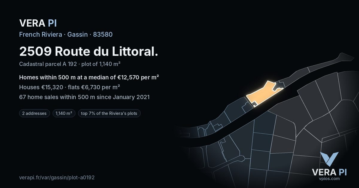 2509 Route du Littoral, Gassin at night – the plot lit, the parcels around coloured by the prices near them