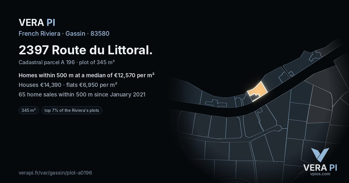 2397 Route du Littoral, Gassin at night – the plot lit, the parcels around coloured by the prices near them