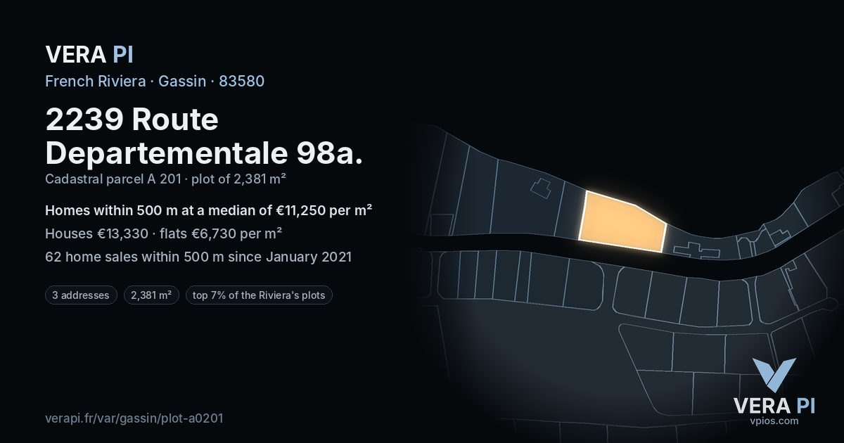 2239 Route Departementale 98a, Gassin at night – the plot lit, the parcels around coloured by the prices near them