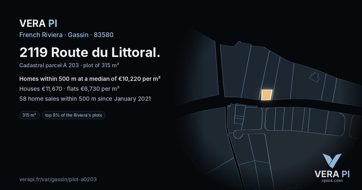 2119 Route du Littoral, Gassin at night – the plot lit, the parcels around coloured by the prices near them