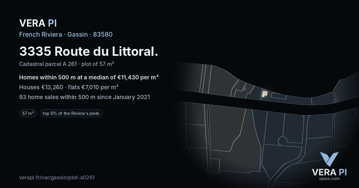 3335 Route du Littoral, Gassin at night – the plot lit, the parcels around coloured by the prices near them