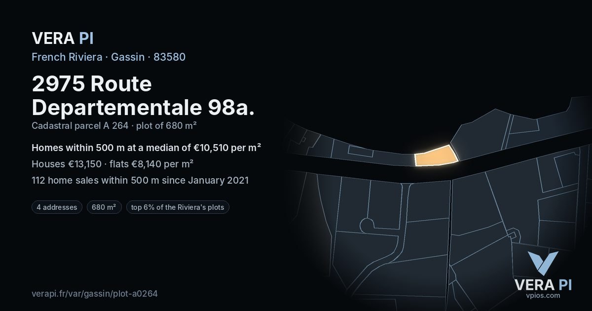 2975 Route Departementale 98a, Gassin at night – the plot lit, the parcels around coloured by the prices near them
