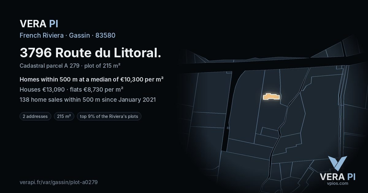 3796 Route du Littoral, Gassin at night – the plot lit, the parcels around coloured by the prices near them