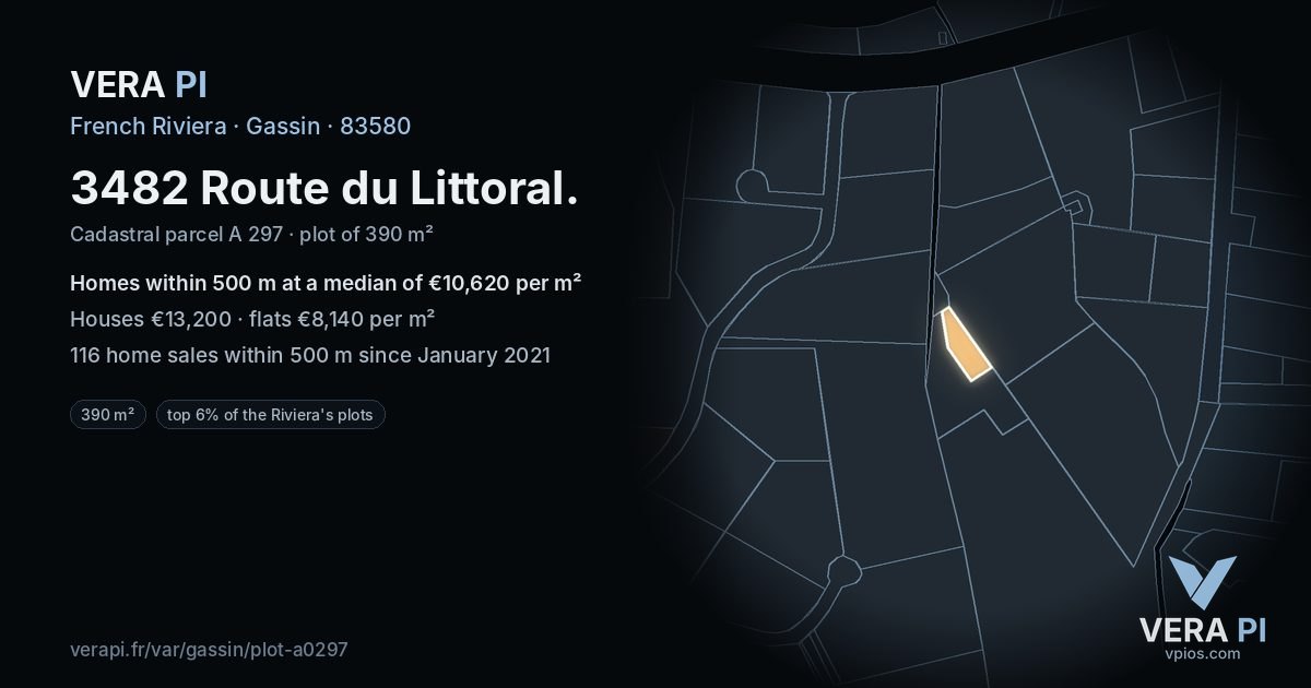 3482 Route du Littoral, Gassin at night – the plot lit, the parcels around coloured by the prices near them